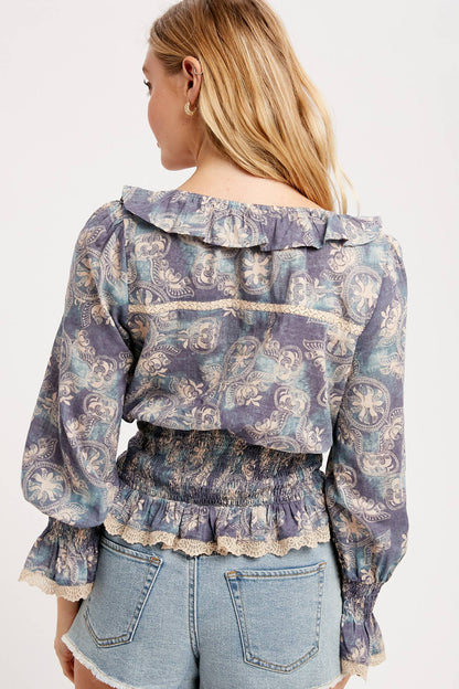 Boho Paisley Smocked Peplum Blouse
