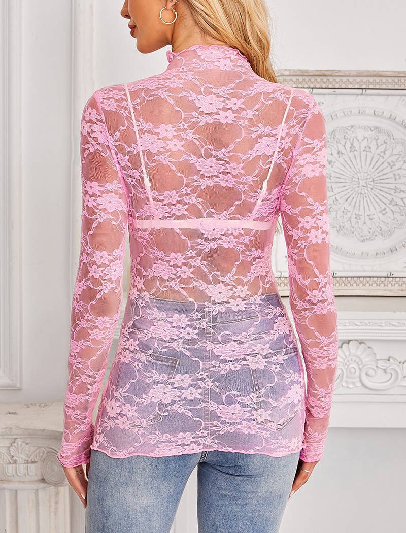 Sheer Lace Mock Neck Top