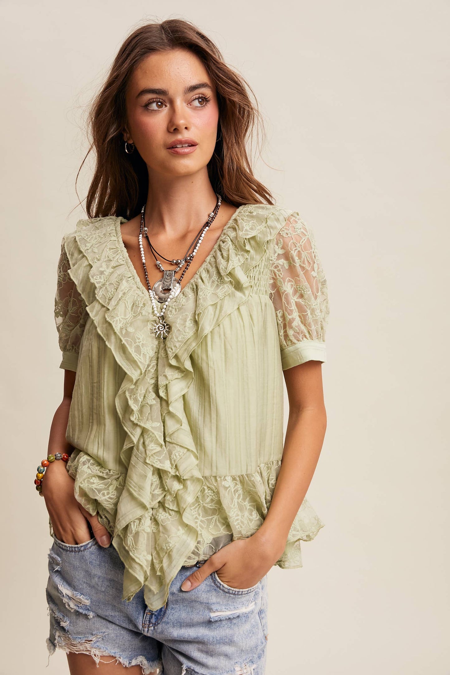 Lace Trim Ruffle Peplum Blouse