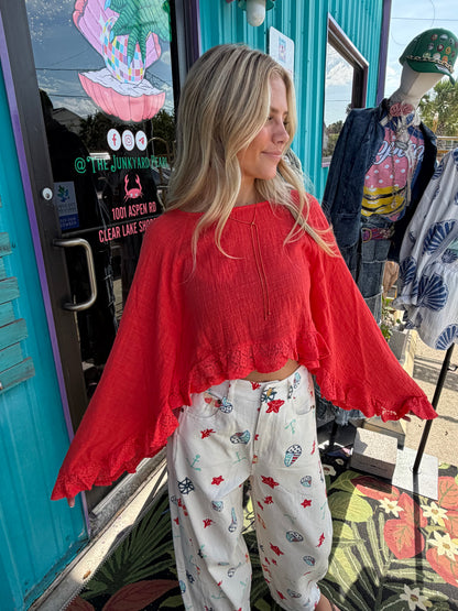 Cotton Gauze and Crochet Lace Ruffle Bell-Sleeve Cropped Top