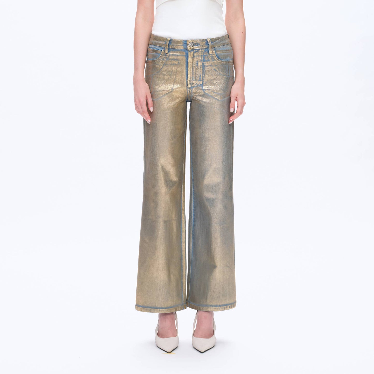 METALLIC HIGH RISE WIDE LEG DENIM JEANS