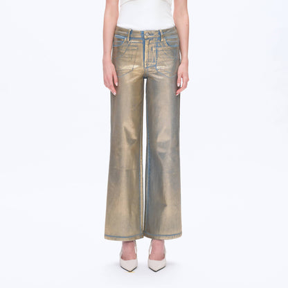 METALLIC HIGH RISE WIDE LEG DENIM JEANS