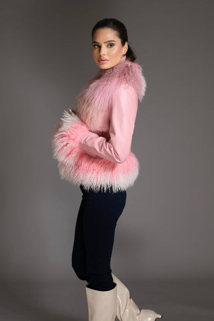 Pink Ombre Leather Jacket with Mongolian Wool Collar