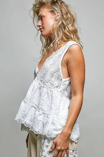 Sleeveless Deep V-neck Lace Trim Knit Top