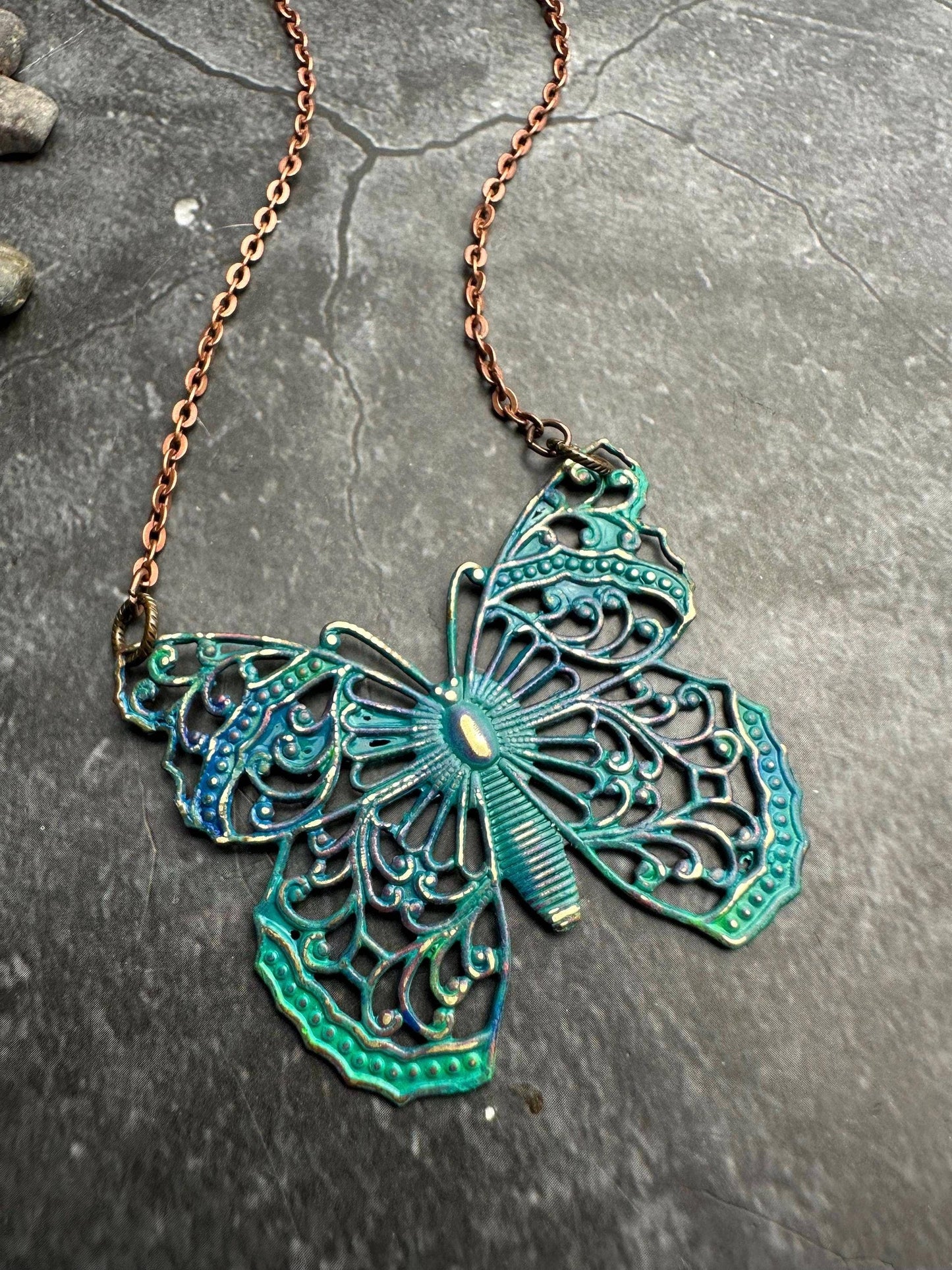 Filigree Butterfly Necklace - Solid Brass with Blue Patina