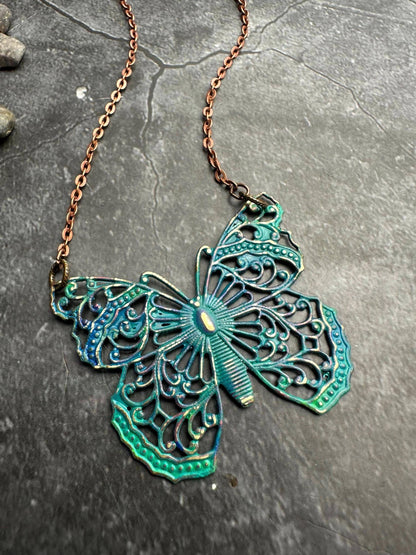 Filigree Butterfly Necklace - Solid Brass with Blue Patina
