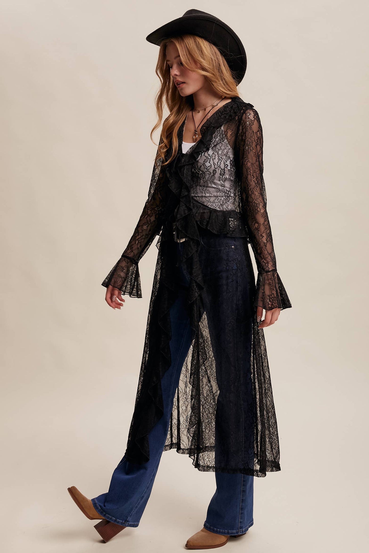 Black Sheer Lace Ruffle Duster