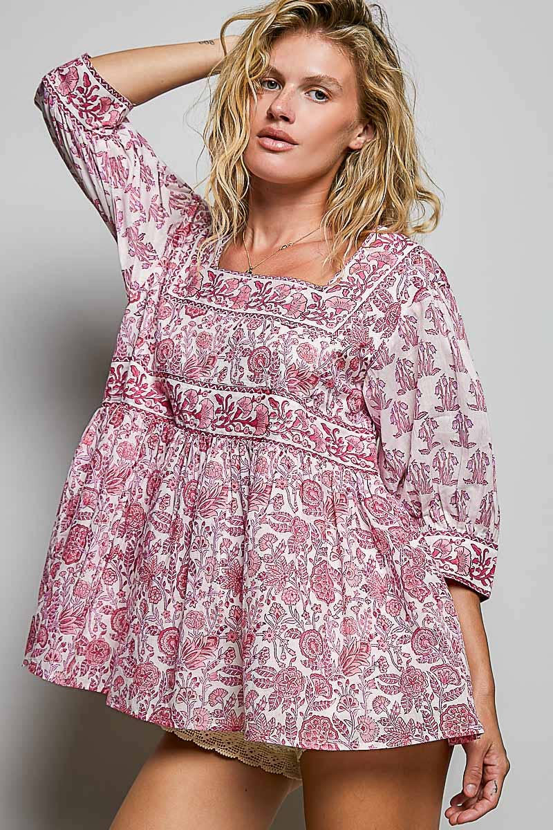 Boho Square Neck Gathered Waist Floral Block Print Blouse