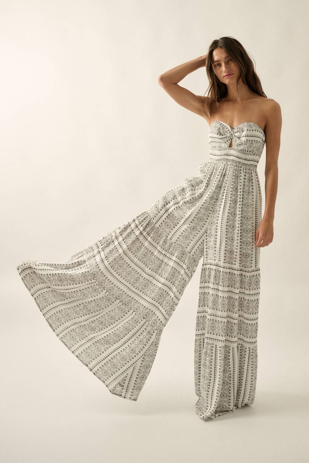 Abstract-Print Strapless Wide-Leg Tiered Ruffle Jumpsuit