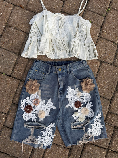Floral Lace Embellished Denim Shorts