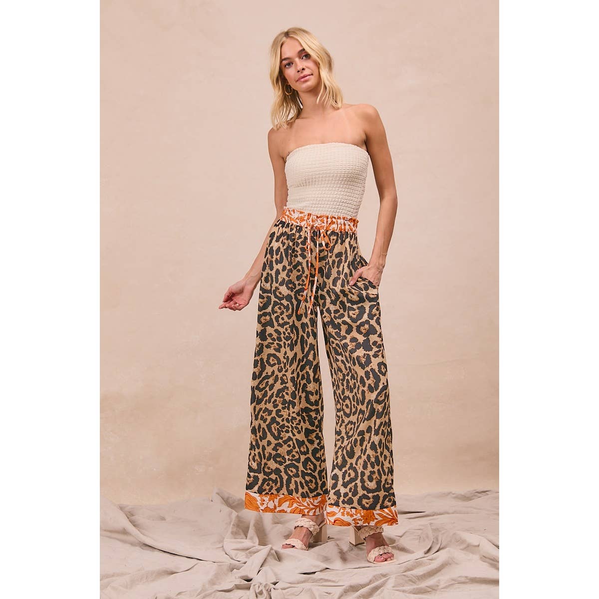 LEOPARD PRINT WITH CONTRAST BANDED WIDE PANTS