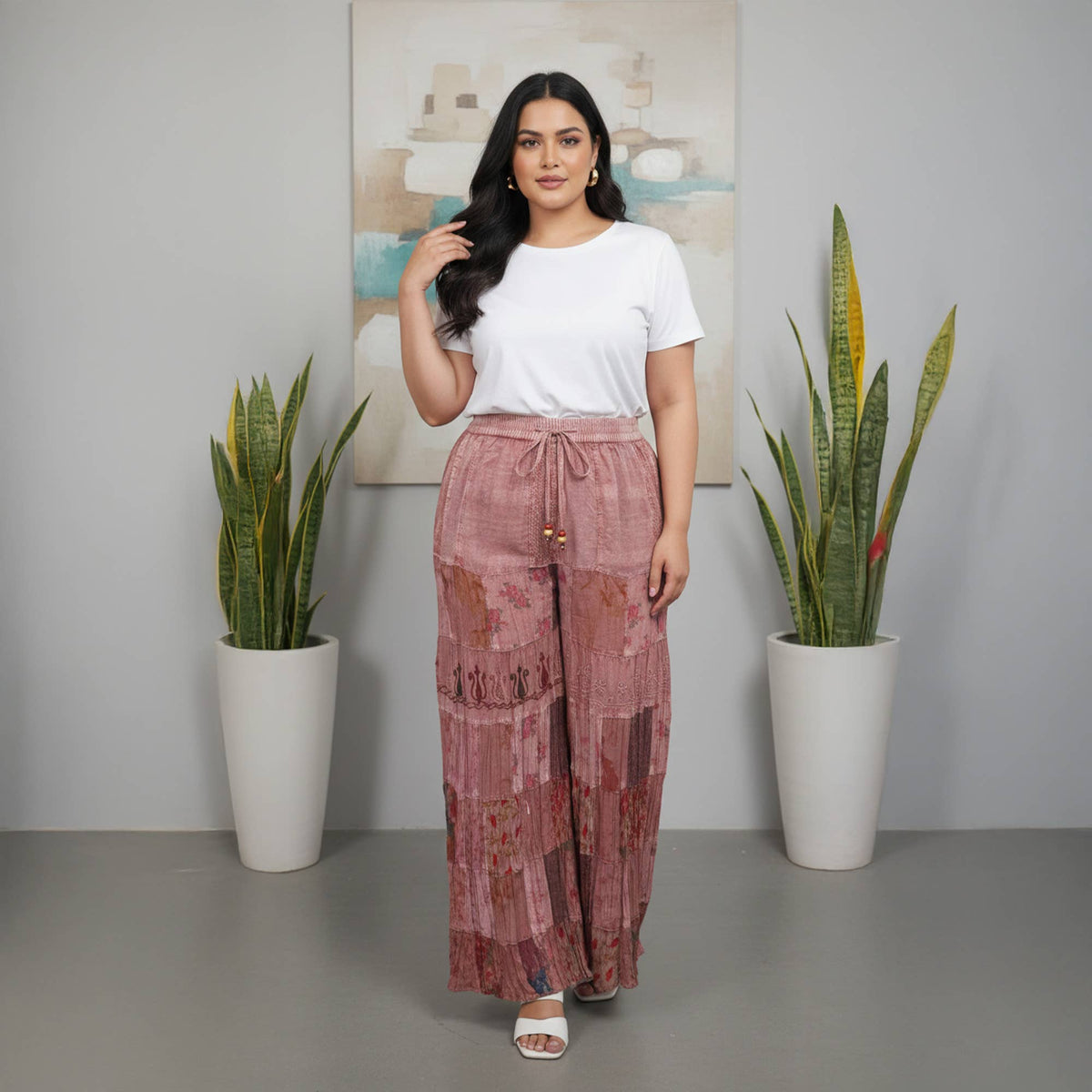 Boho Artisan Tiered Patchwork Wide-Leg Pants
