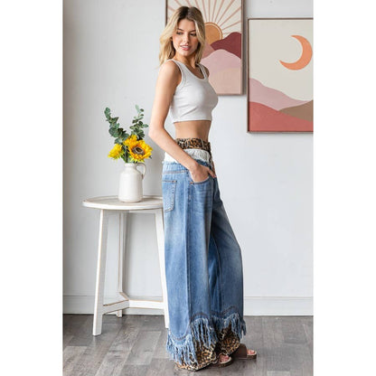 WASHED LEOPARD DOUBLE WAIST WITH FRAYED HEM JEANS