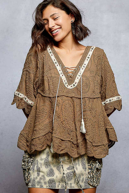 Short Sleeve Adjustable Drawstring Crochet V Neck Top