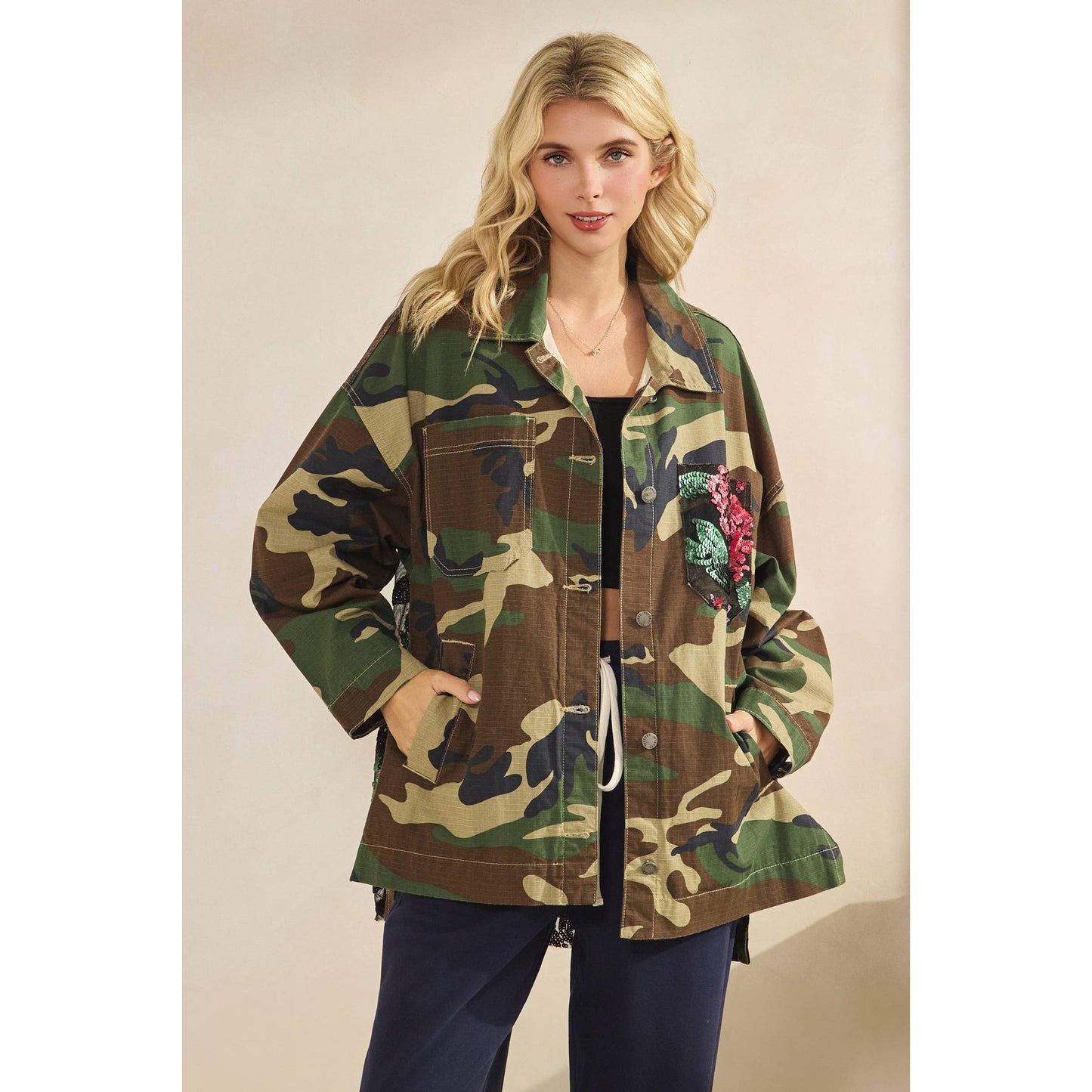 Camo Jacket with Floral Mesh Sequins Contrast