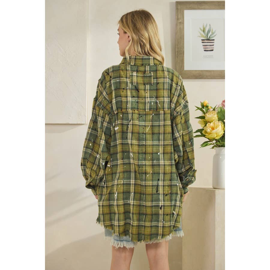 WASHED BUTTON DOWN LONG SLEEVE PLAID SHIRT