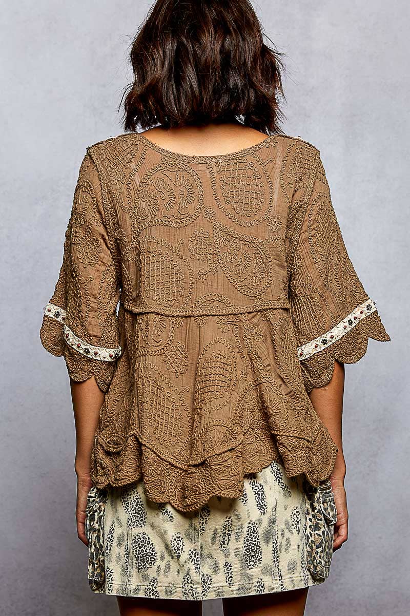 Short Sleeve Adjustable Drawstring Crochet V Neck Top