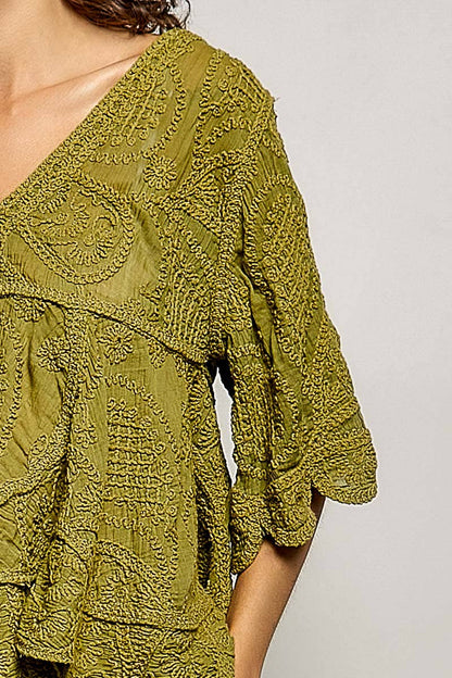 Short Sleeve V-neck Vintage Washing Solid Crochet Top