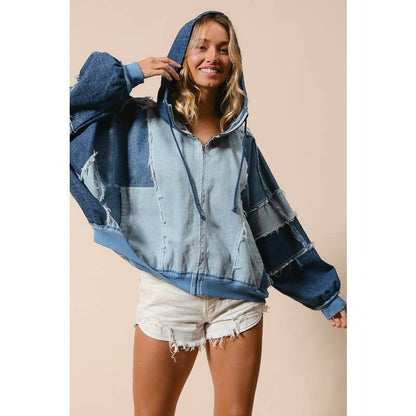 COLOR BLOCK WASHED DENIM ZIP UP HOODIE