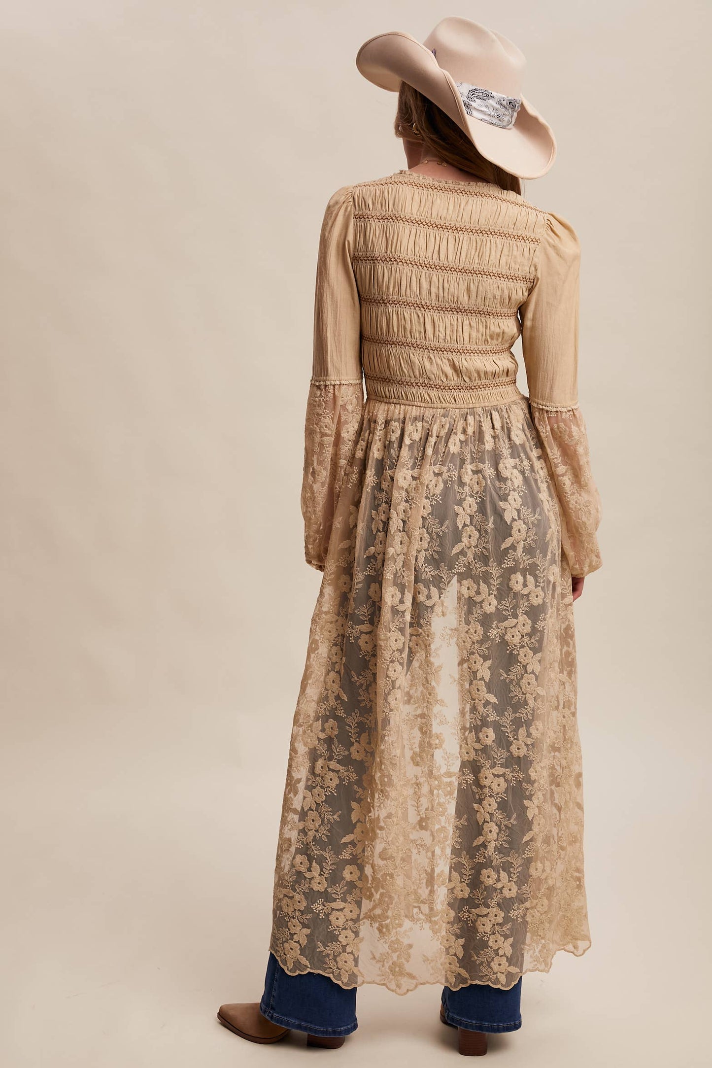 Lace-Up Embroidered Maxi Kimono