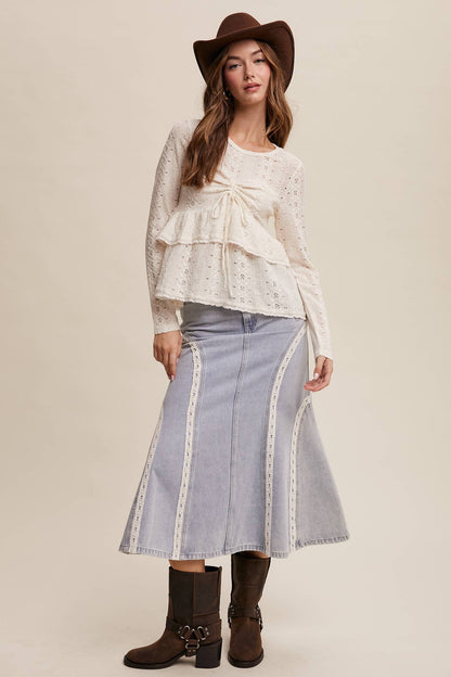 Stretch Lace Tiered Blouse with Drawstring Detail