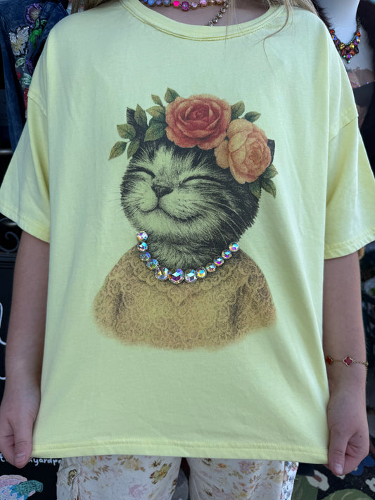 Yellow Cat T-Shirt Swarvoski Rhinestone T-Shirt