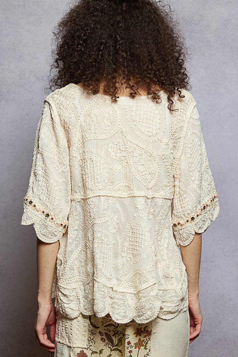 Short Sleeve Adjustable Drawstring Crochet V Neck Top