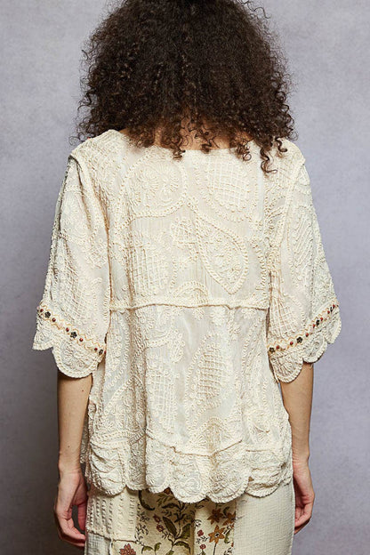Short Sleeve Adjustable Drawstring Crochet V Neck Top