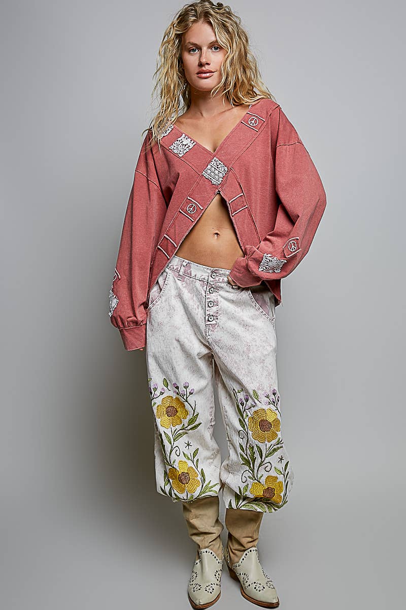 V-Neck Crochet Patch Cross Wrap Cropped Terry Top