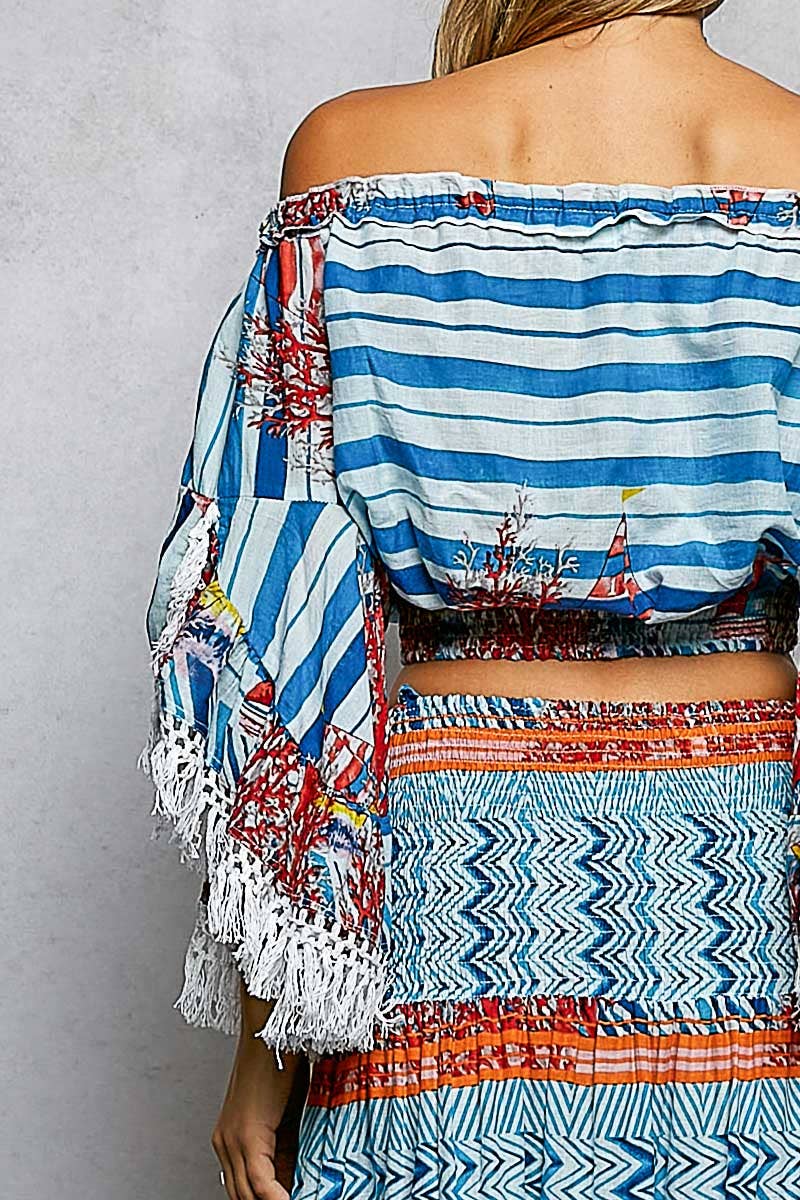 Off-Shoulder Fringe Sleeve Smocked Top and Skirt Set