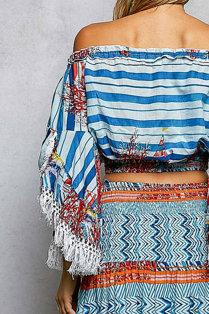 Off-Shoulder Fringe Sleeve Smocked Top and Skirt Set