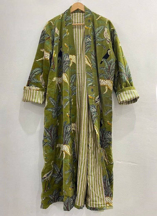 Green Jungle Velvet Kimono Robe  Coat