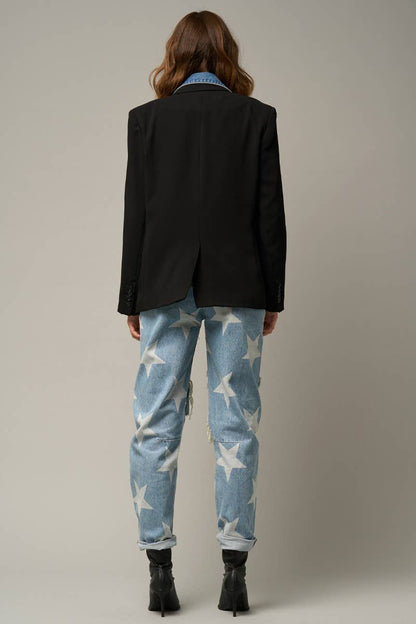 High Rise Ripped Star Print Slouch Jeans