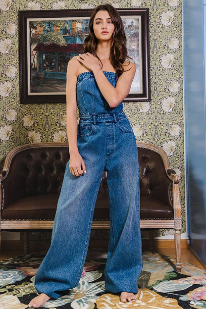Corset Style Strapless Denim Jumpsuit