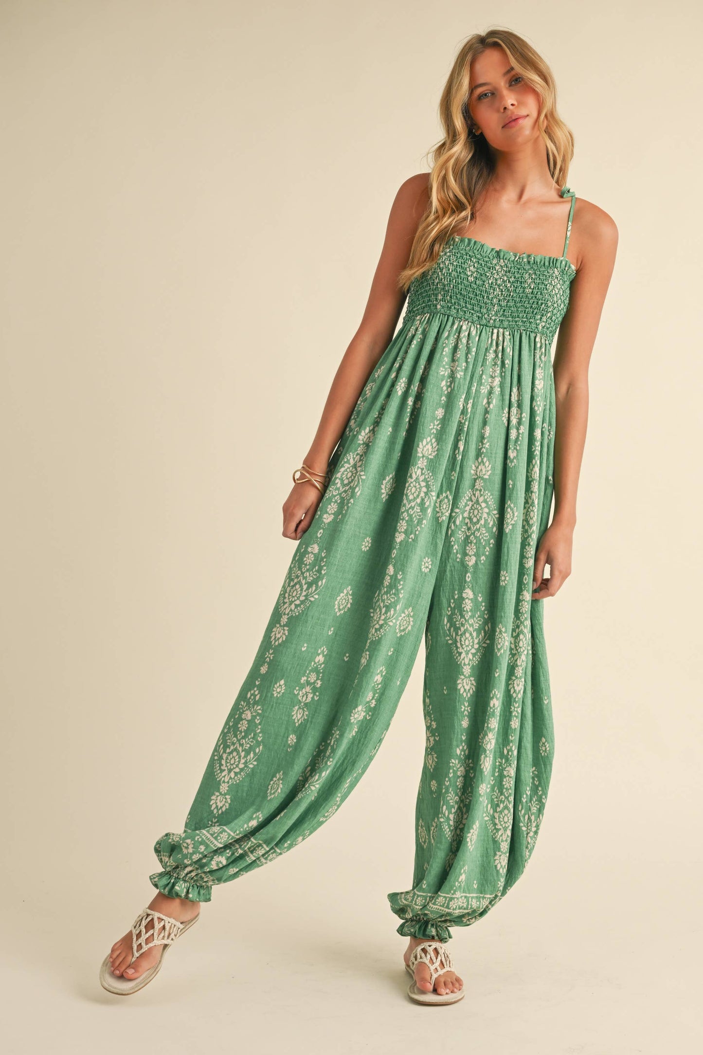 GREEN SMOCKED BALLOON JUMPSUIT
