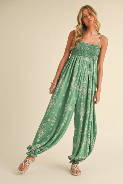 GREEN SMOCKED BALLOON JUMPSUIT
