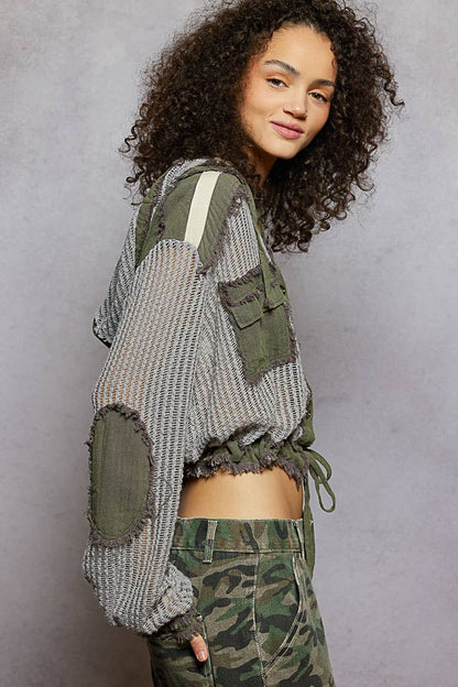 Open Knit Button Down Pocket Front Hooded Shirt Top