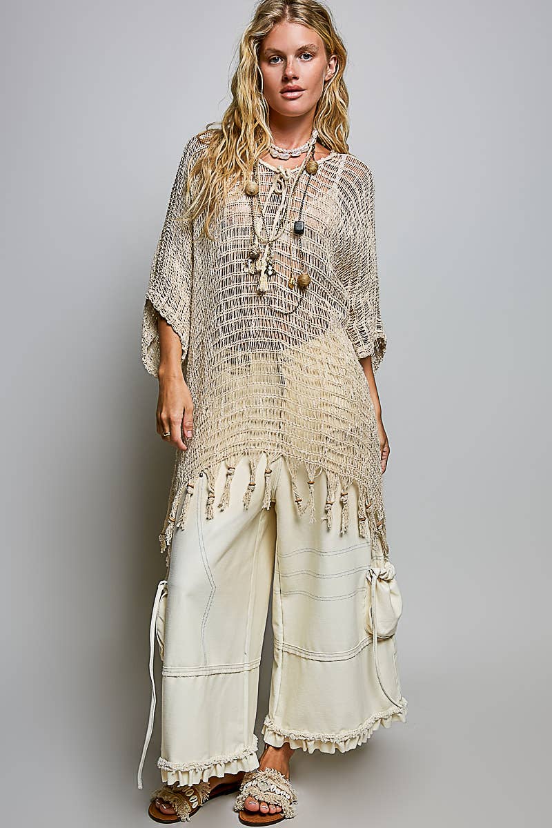 Boho Crochet Open Knit Tassel Fringe Poncho Top