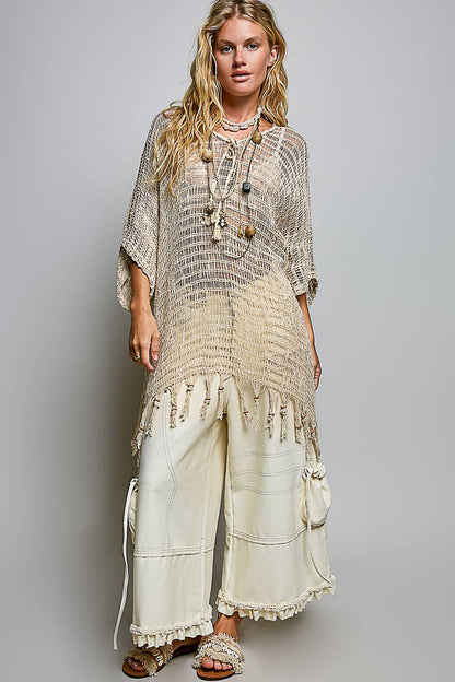 Boho Crochet Open Knit Tassel Fringe Poncho Top