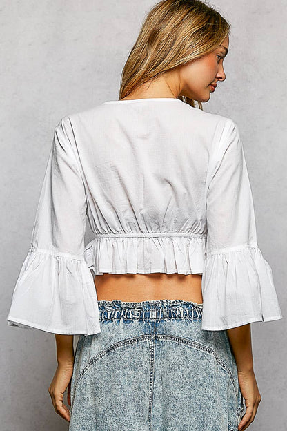 3/4 Sleeve Embroidered Bead Neck Loop Tassel Cotton Top