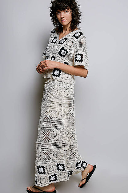 Granny Square Weave Ruffle Waistband Crochet Maxi Skirt