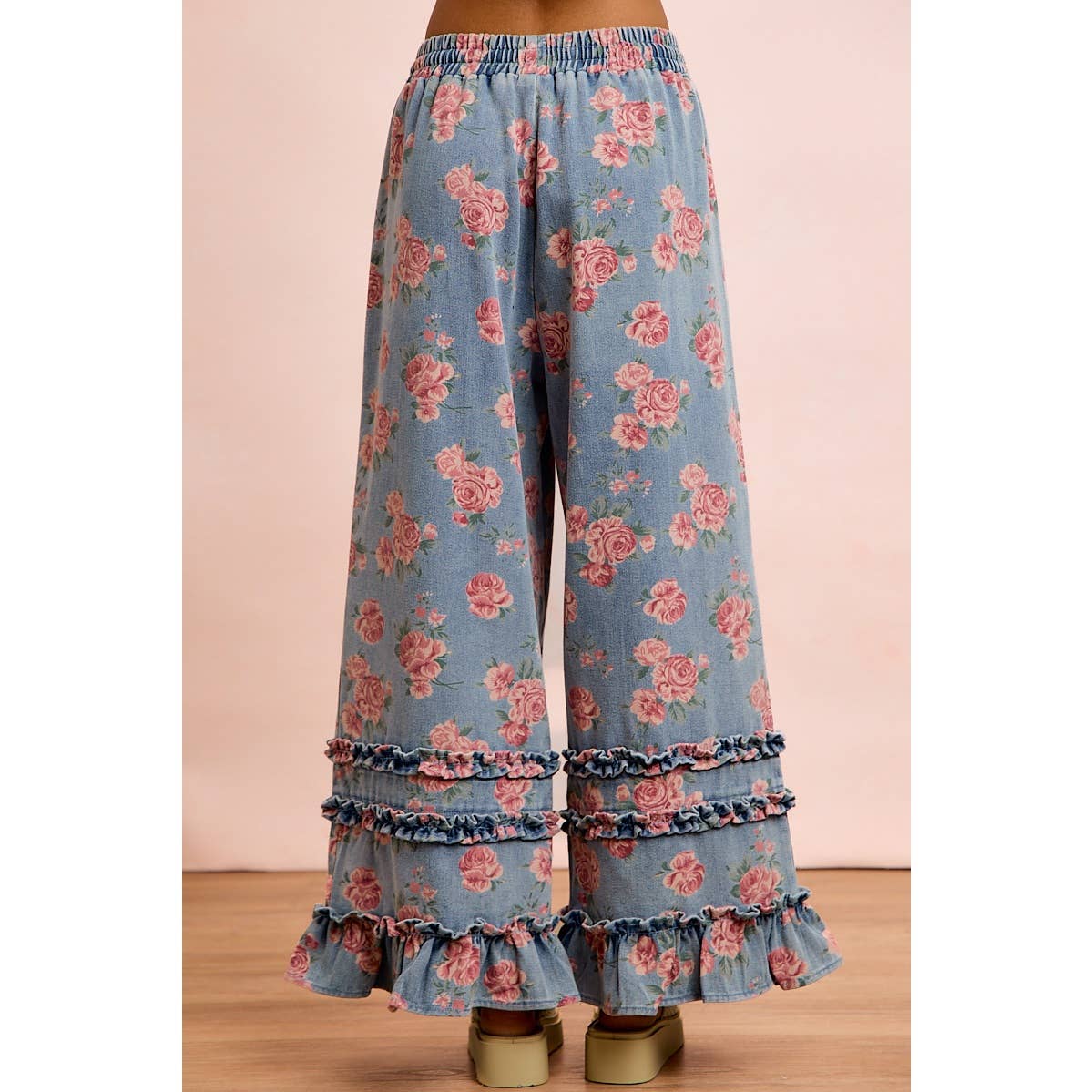 WASHED FLORAL DENIM WITH RUFFLE ELASTIC WIDE PANTS