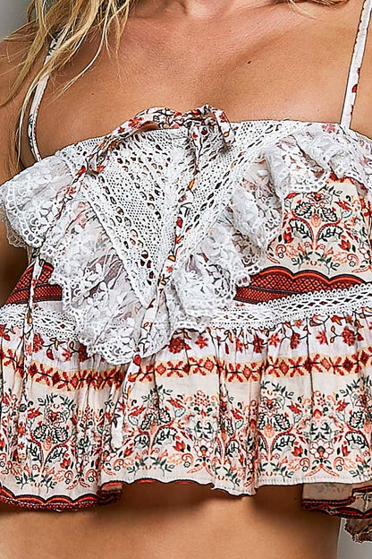 Lace Ruffles Ribbon Tie Cropped Floral Sleeveless Top