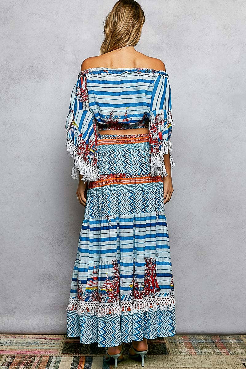 Off-Shoulder Fringe Sleeve Smocked Top and Skirt Set
