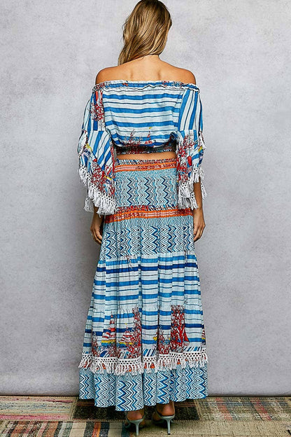 Off-Shoulder Fringe Sleeve Smocked Top and Skirt Set