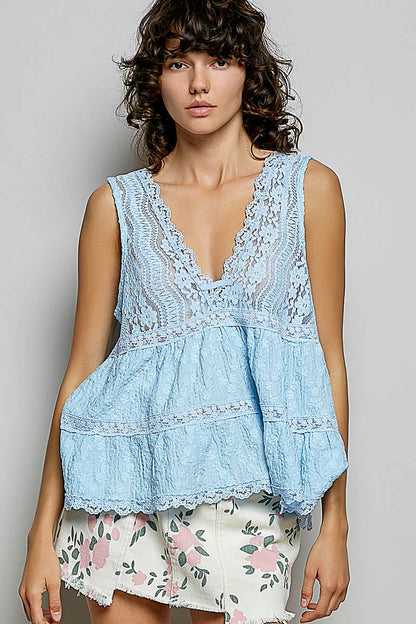 Sleeveless Deep V-neck Lace Trim Knit Top