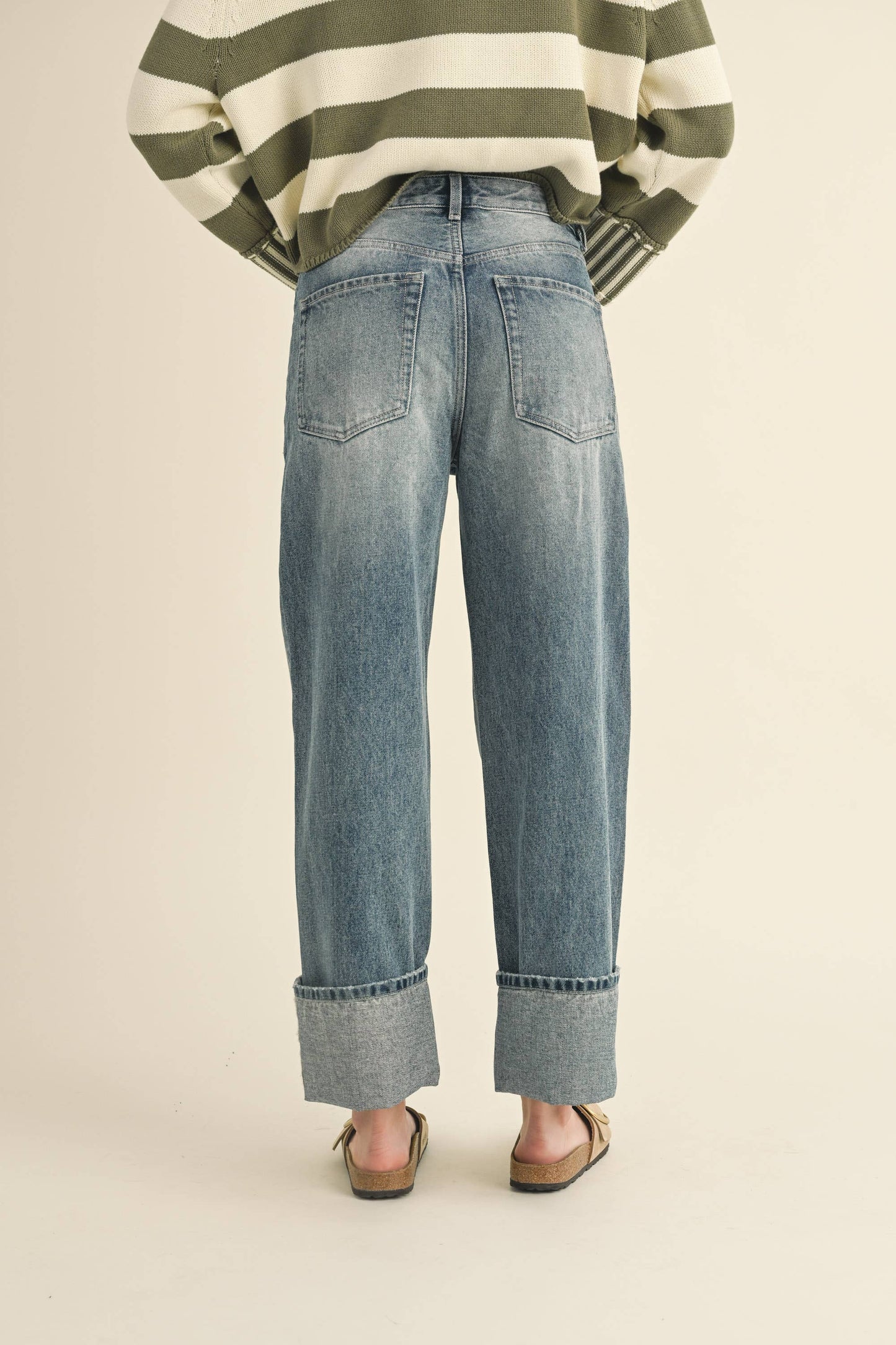 STRAIGHT LEG CUFFED HEM DENIM JEANS