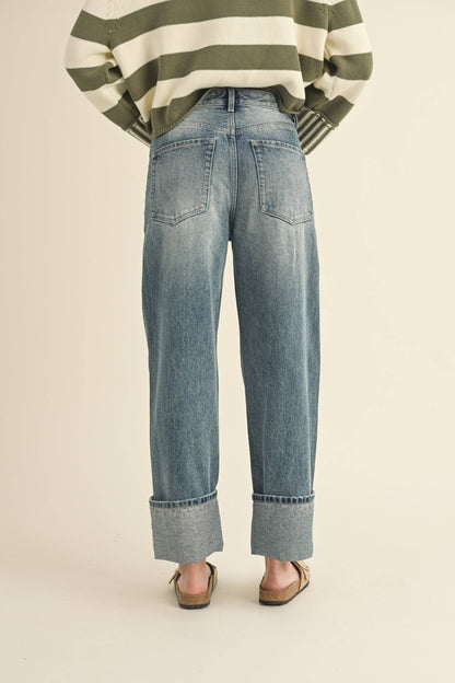 STRAIGHT LEG CUFFED HEM DENIM JEANS