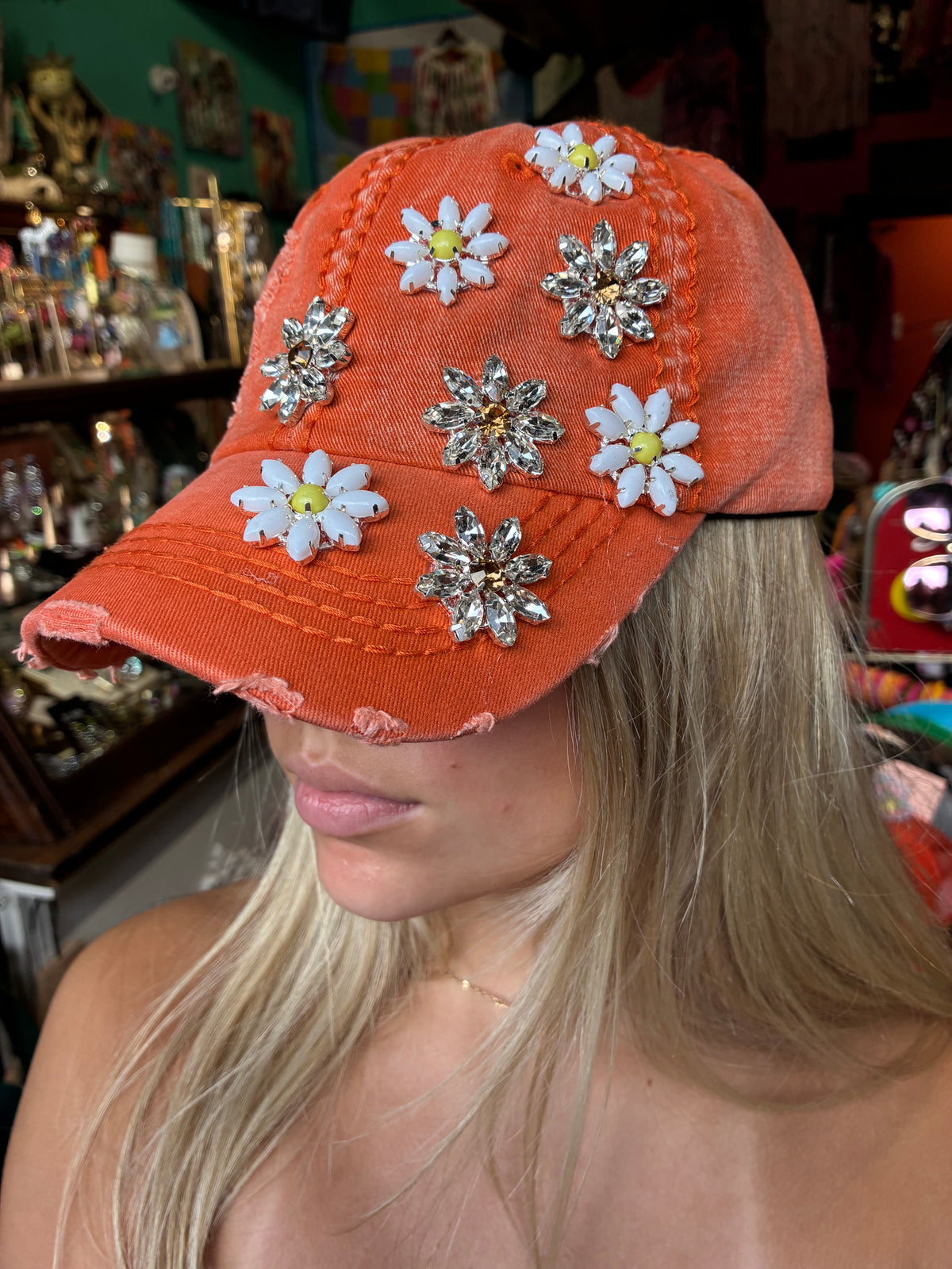 Daisy Bejeweled Bling Distressed Cap, Adjustable Multi colors available