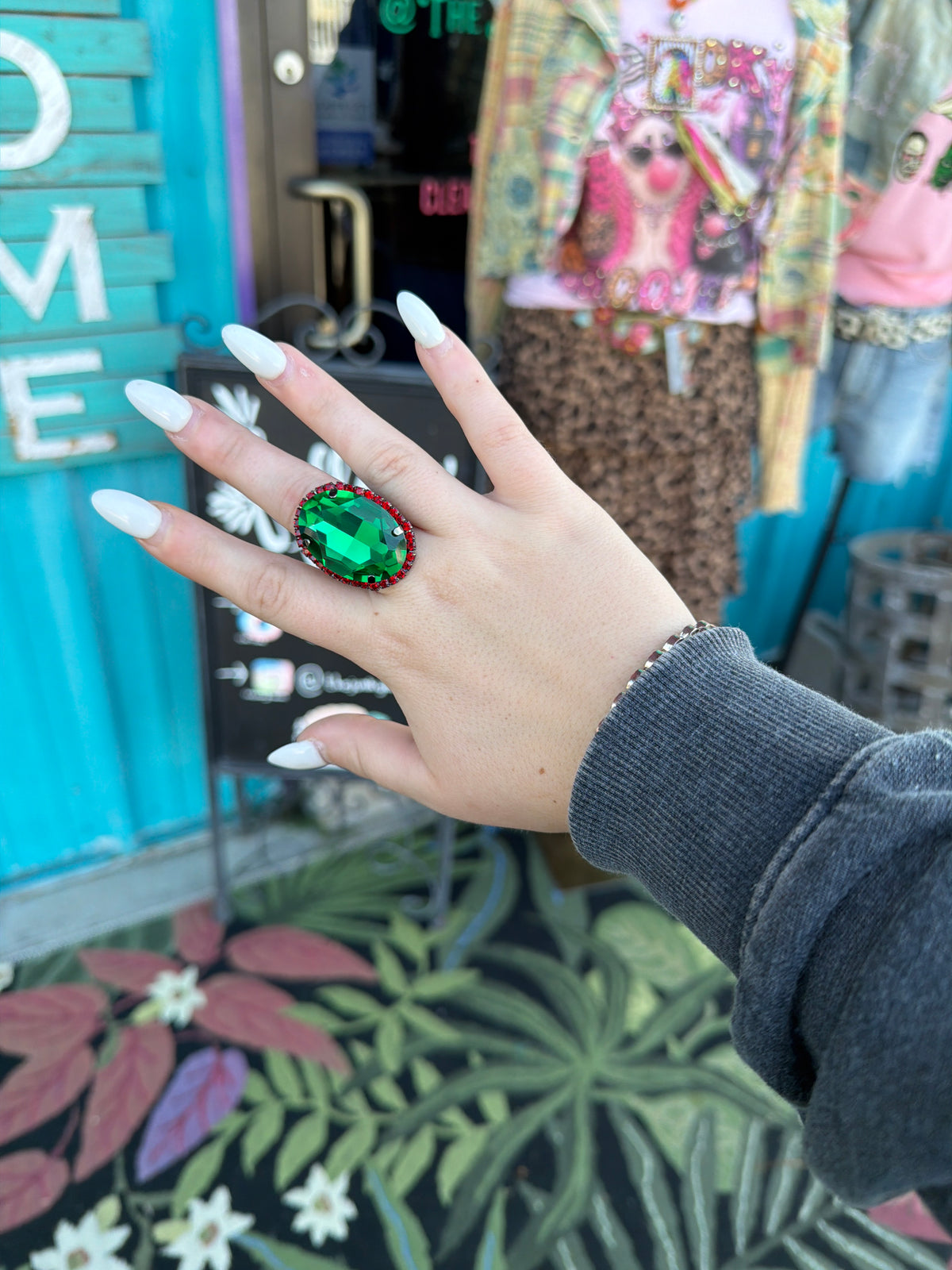 WETSTONE: Emerald w Red Trim on gunmetal Liz Taylor Ring